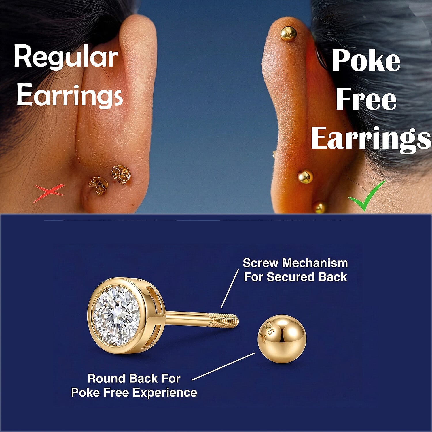 Luxuriant Lab Grown Diamond Earring with Ball Screw Push Back in 18K Vermeil Yellow Gold Plated Sterling Silver